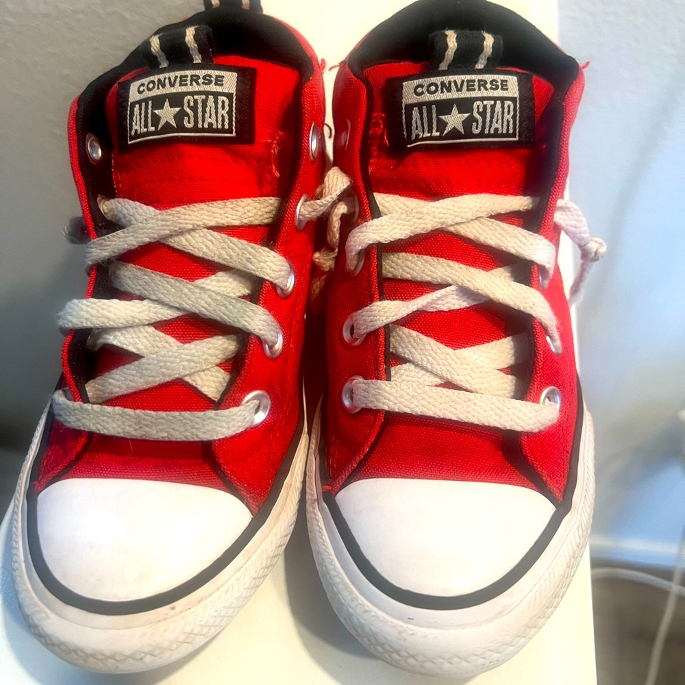 Boys Converse. Chuck Taylor. All Stars. Red High Tops. Gently used. Sneakers.